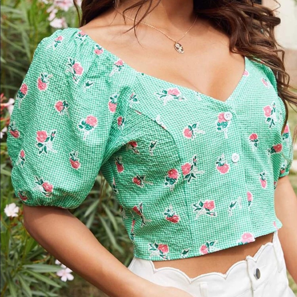 SHEIN Green Gingham & Pink Rose Crop Top
